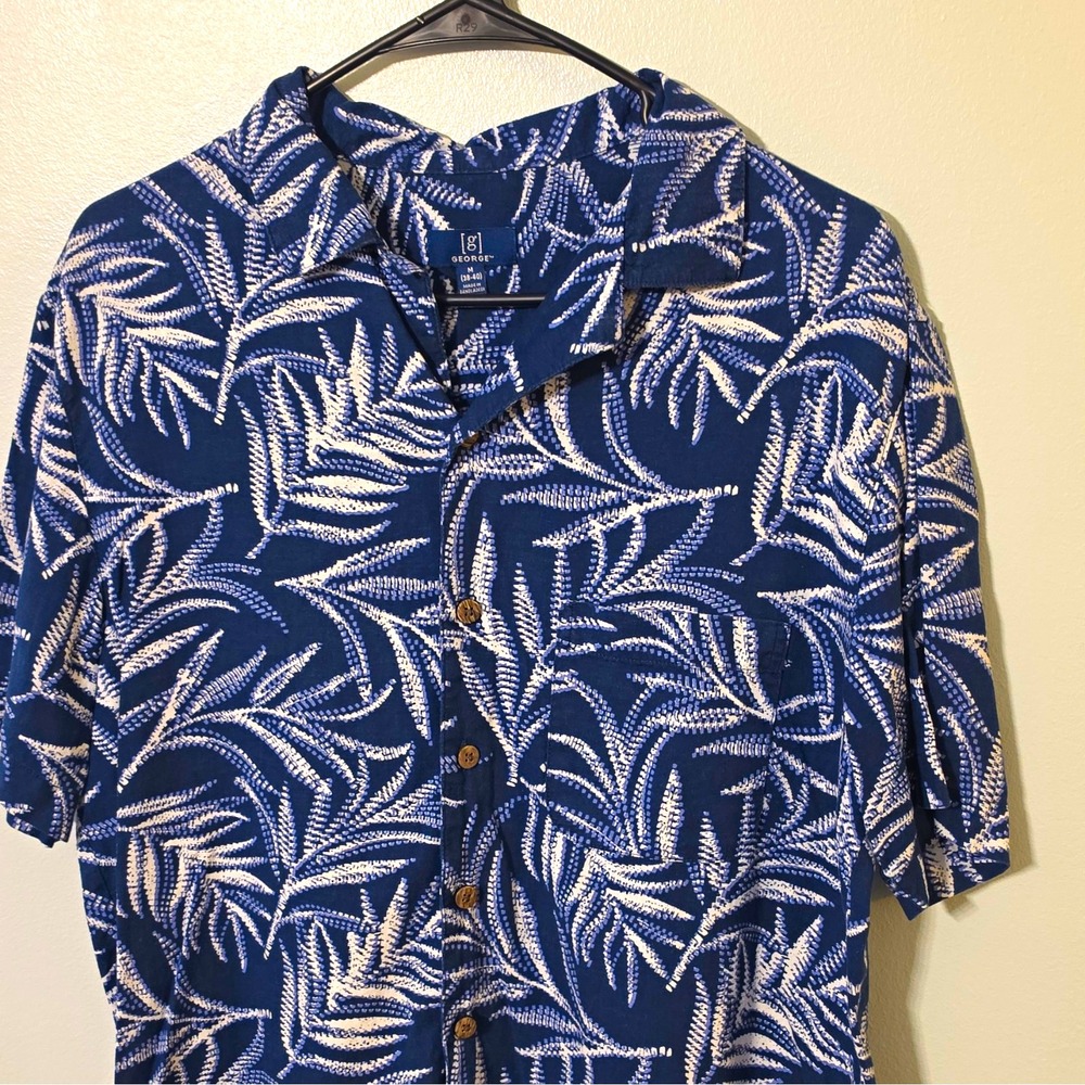 George Men's Woven Linen/Rayon SS Button-Up Tropical Floral M Blue/White #327